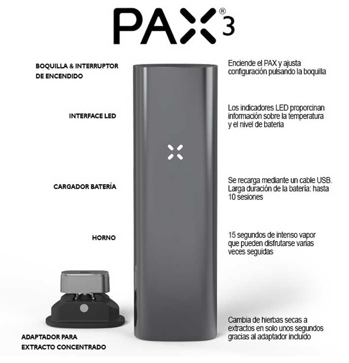 PAX 3 Vaporizador Portátil Premium, Hierba Seca, Concentrado, 10